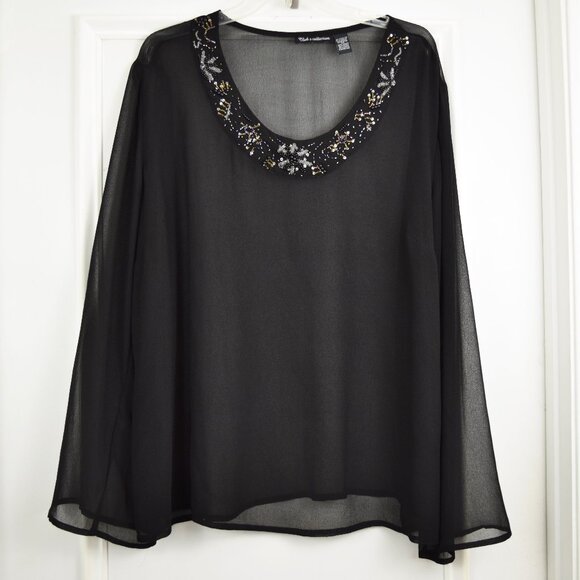 Club Z Collection Sheer Blouse Women 2X Embellished Sequin Beaded Neck Tunic Blk - Picture 1 of 12